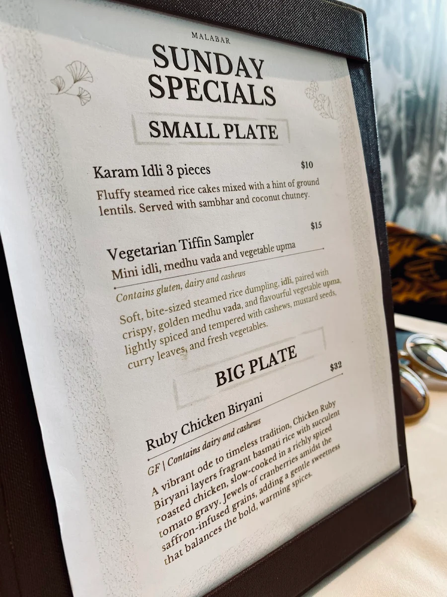 Menu, Malabar South Indian Restaurant