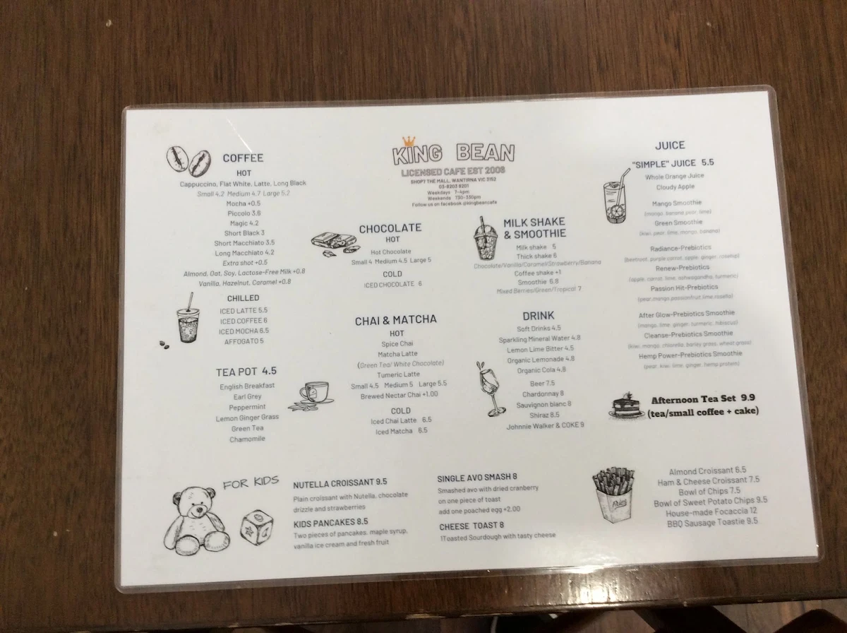 Menu, King Bean Cafe