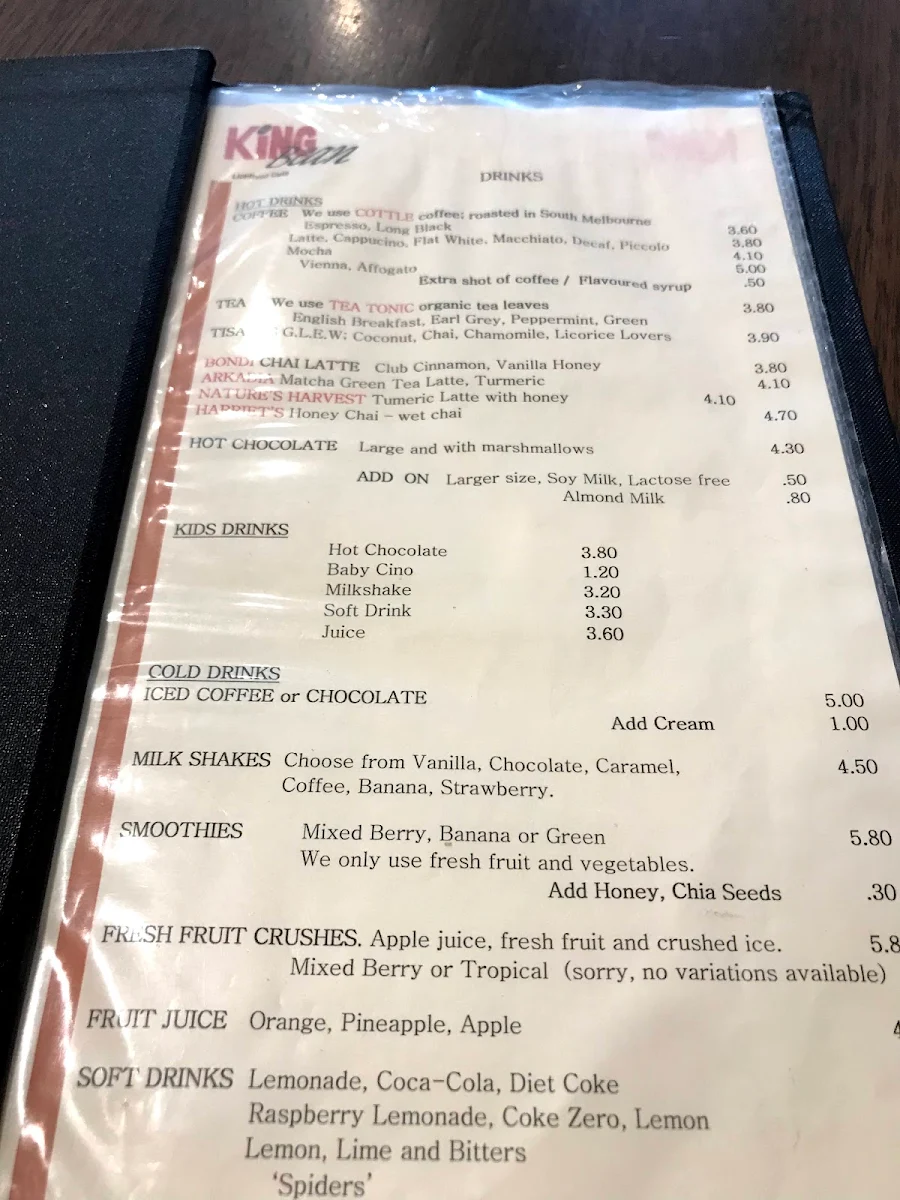Menu, King Bean Cafe
