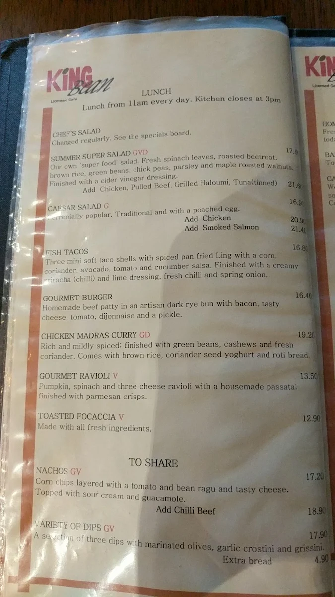 Menu, King Bean Cafe
