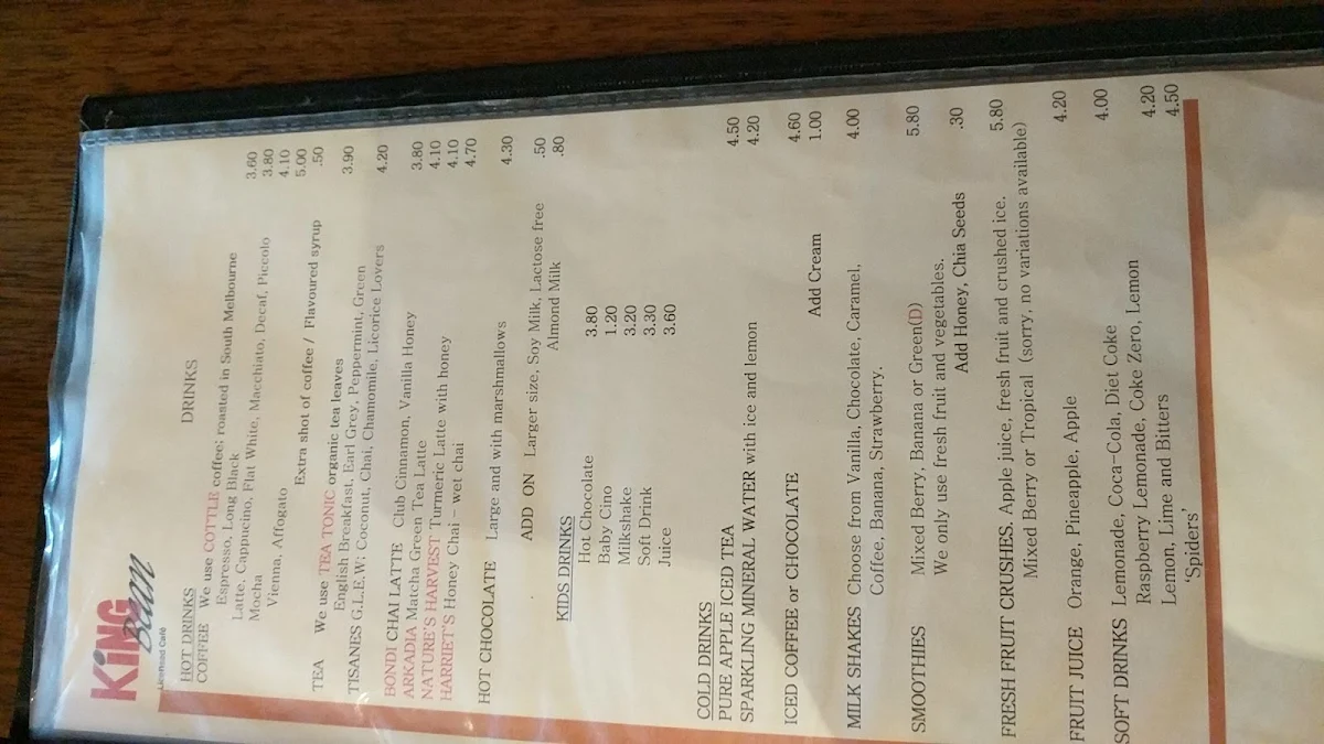Menu, King Bean Cafe