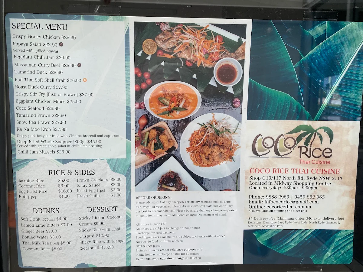 Menu, Coco Rice Thai Restaurant (Ryde)