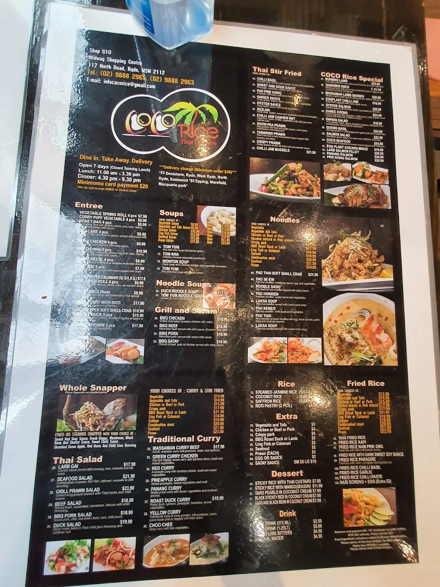 Menu, Coco Rice Thai Restaurant (Ryde)