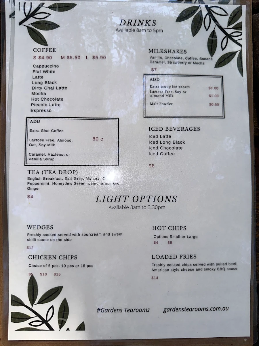 Menu, Gardens Tearooms