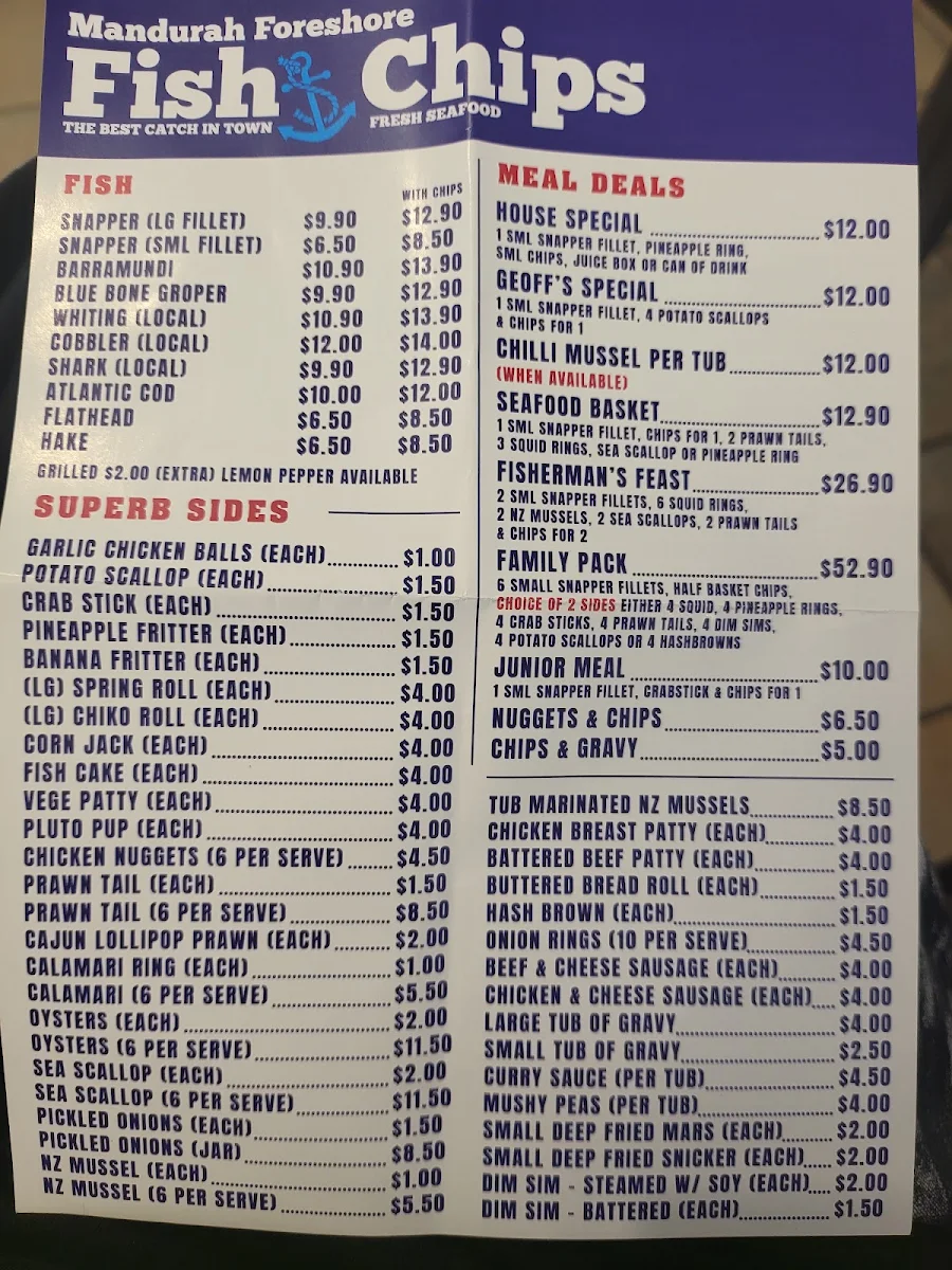 Menu, Mandurah Foreshore Fish & Chips