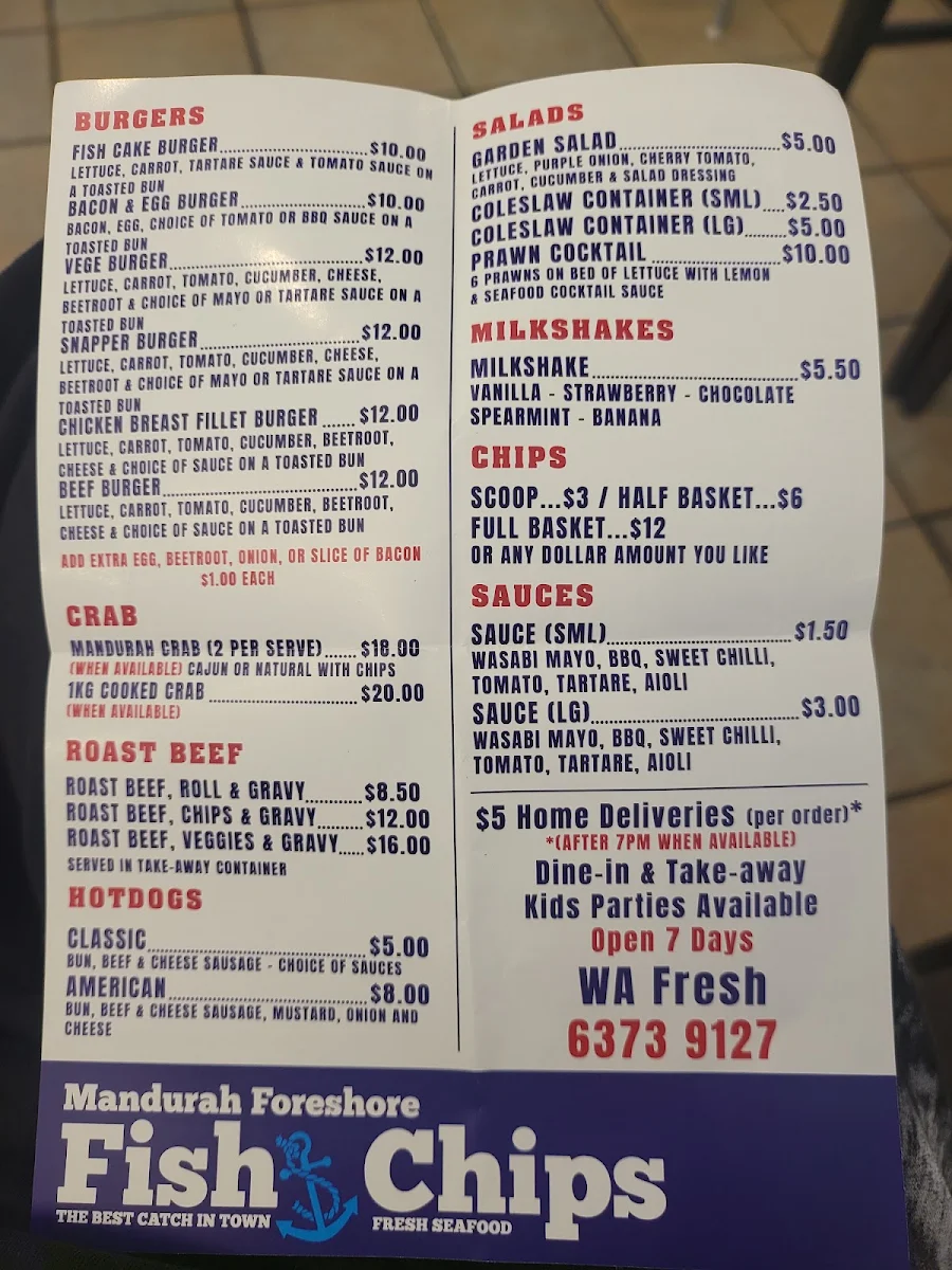 Menu, Mandurah Foreshore Fish & Chips