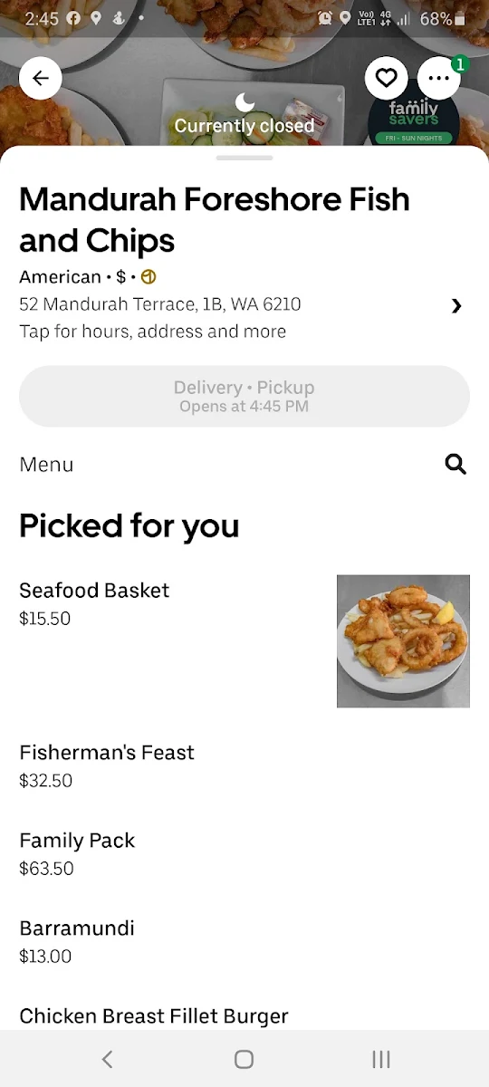 Menu, Mandurah Foreshore Fish & Chips