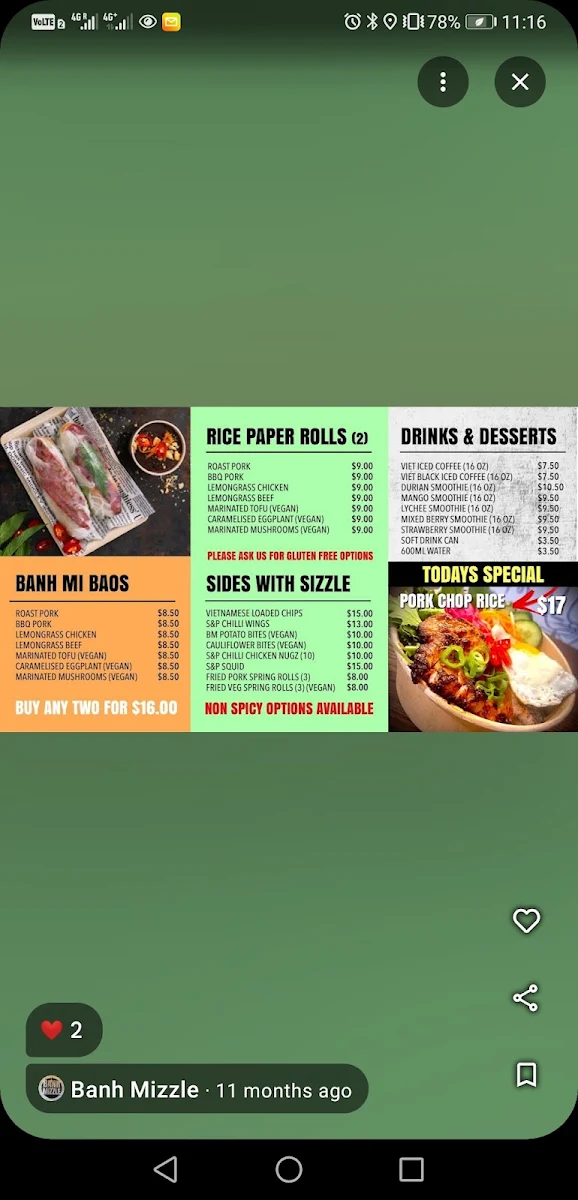 Menu, Banh Mizzle