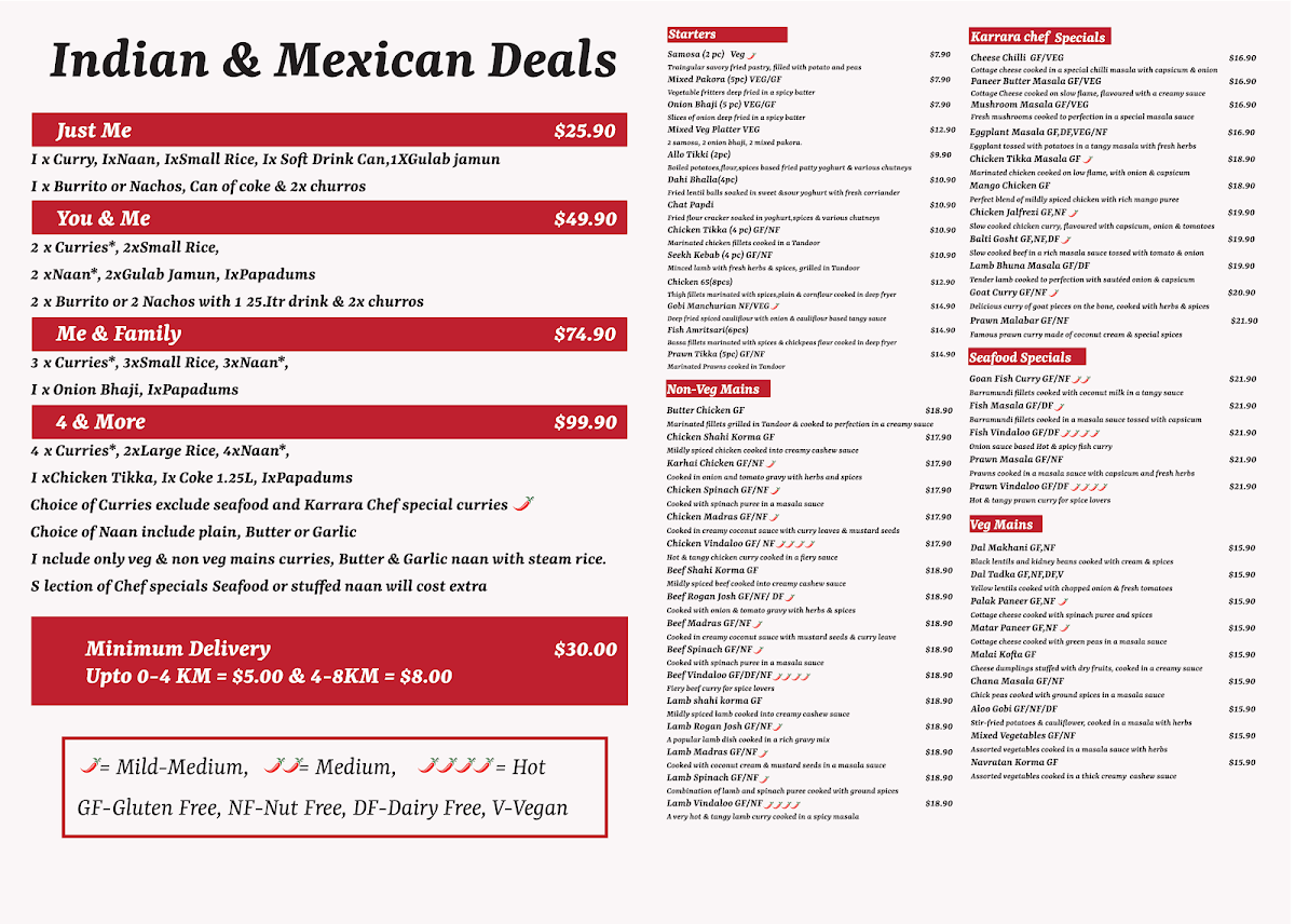 Menu, Karrara Indian & Mexican Restaurant