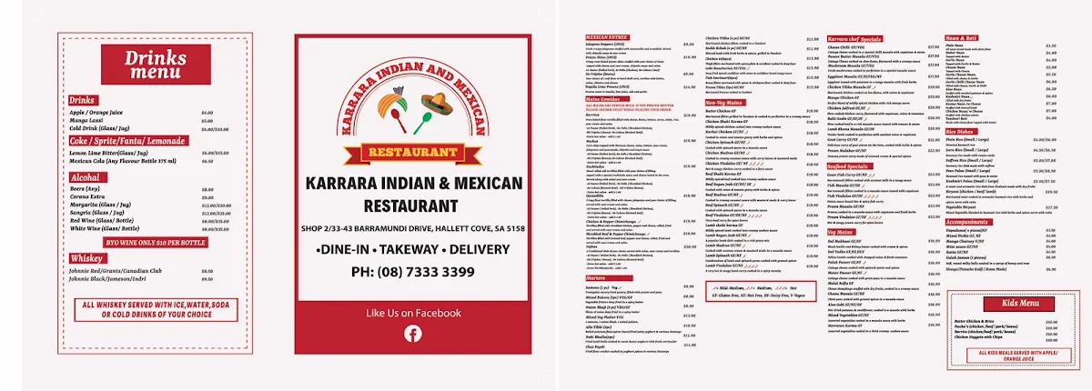 Menu, Karrara Indian & Mexican Restaurant