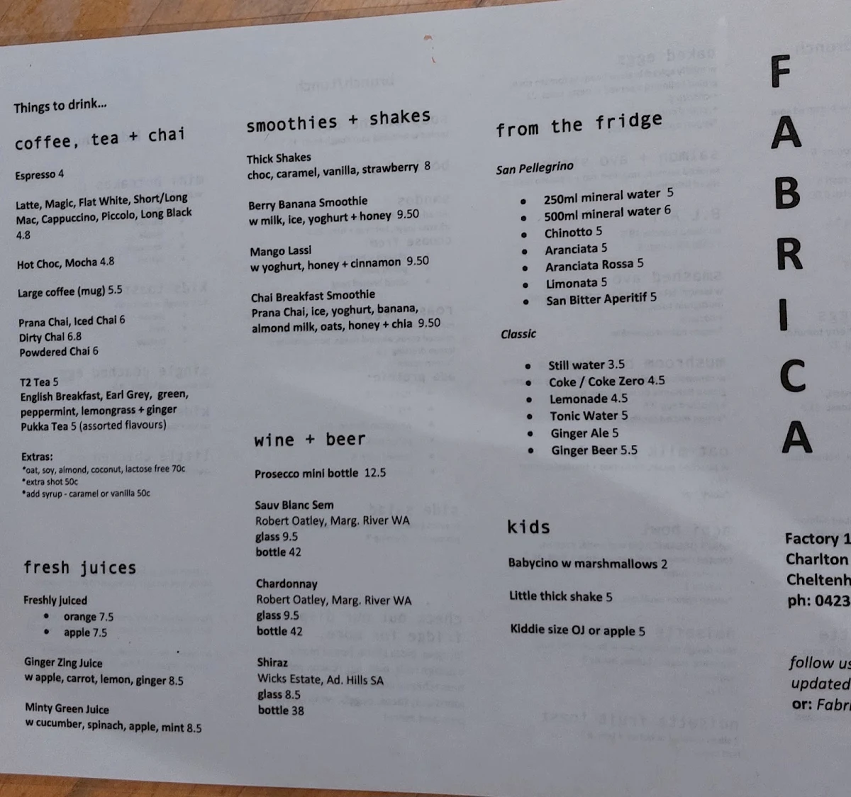 Menu, FABRICA