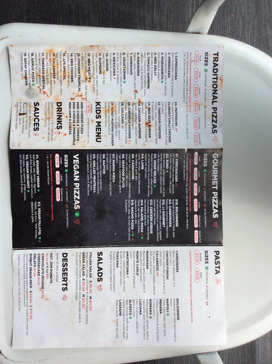 Menu, JJ's Pizza Bayswater North
