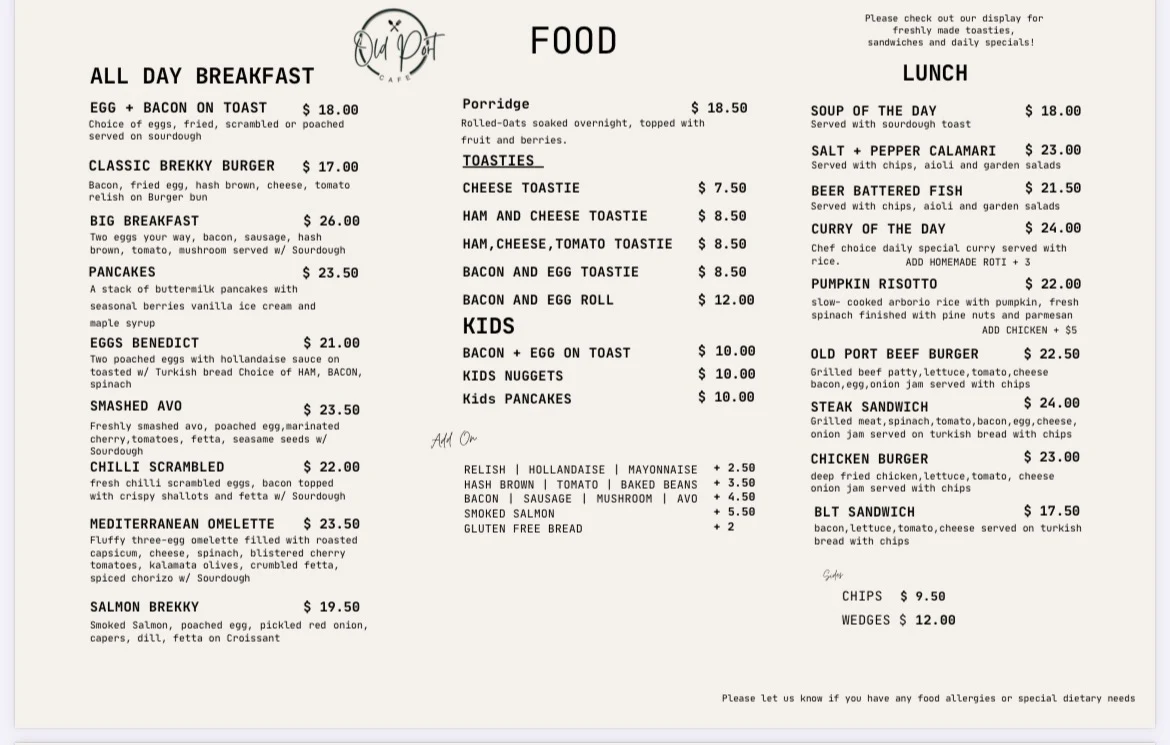 Menu, Old Port Cafe