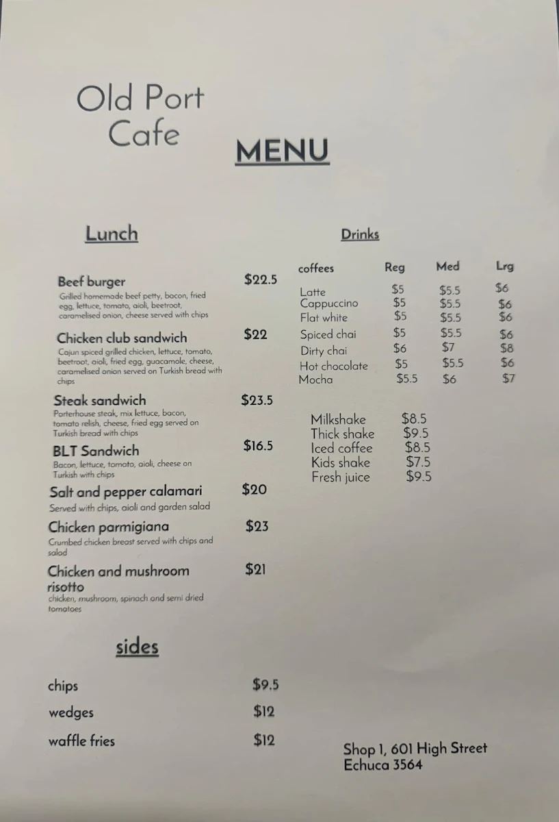 Menu, Old Port Cafe