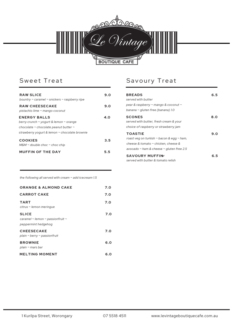 Menu, Le Vintage Boutique Cafe