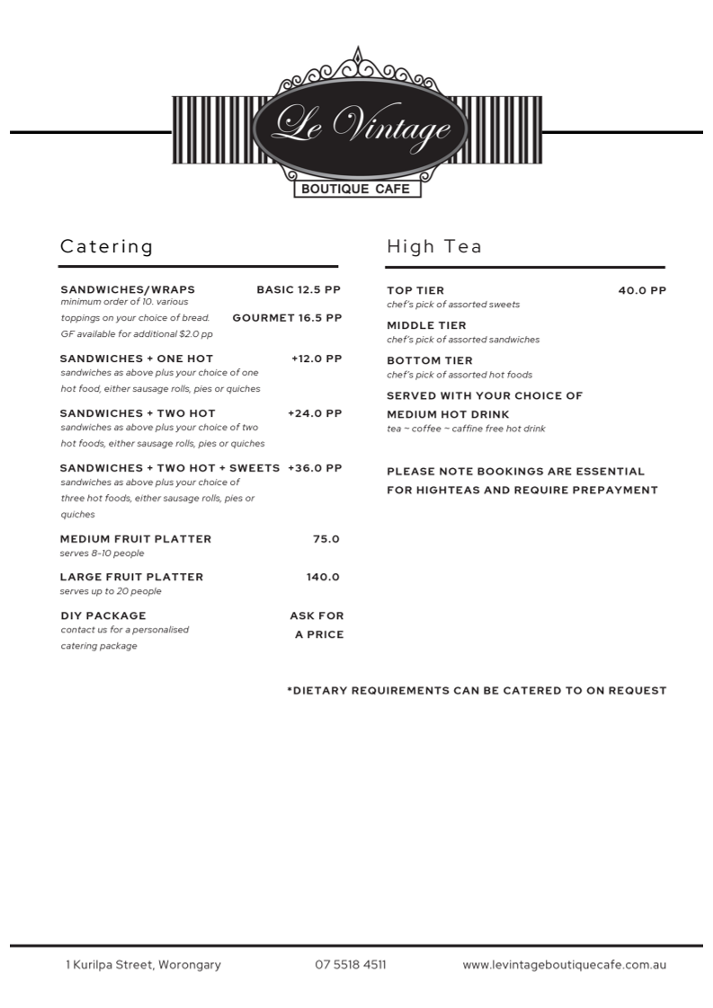 Menu, Le Vintage Boutique Cafe