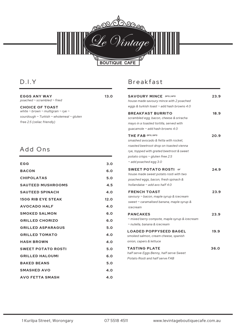 Menu, Le Vintage Boutique Cafe