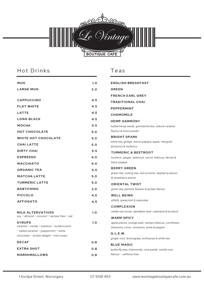 Menu, Le Vintage Boutique Cafe