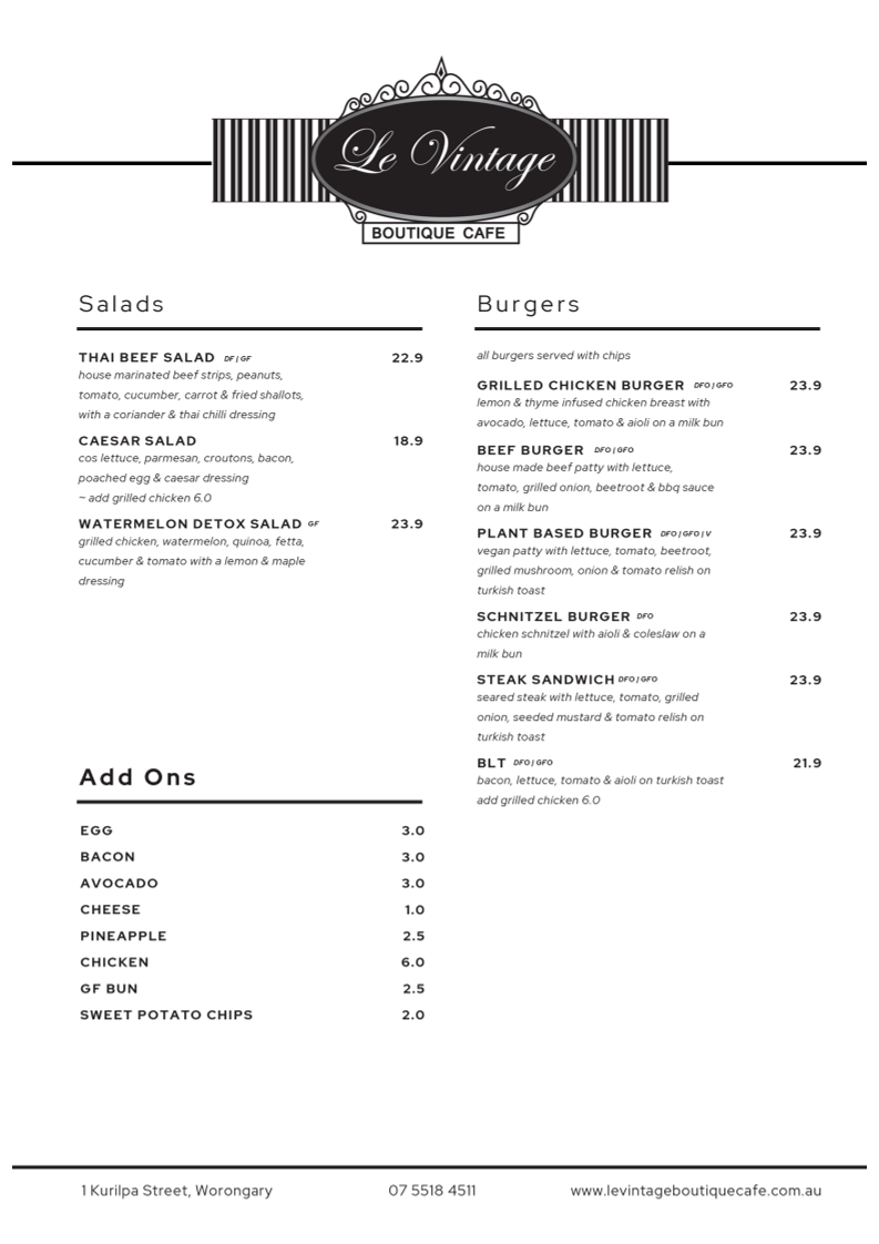 Menu, Le Vintage Boutique Cafe