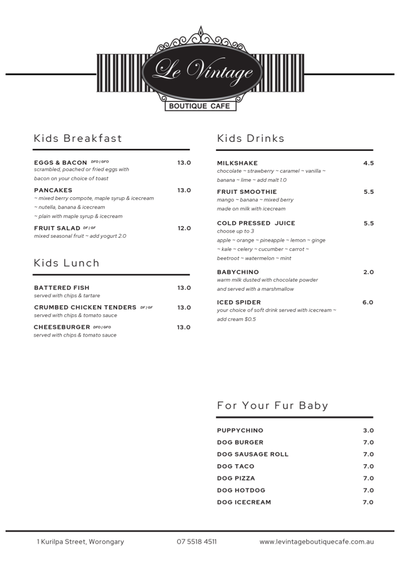 Menu, Le Vintage Boutique Cafe
