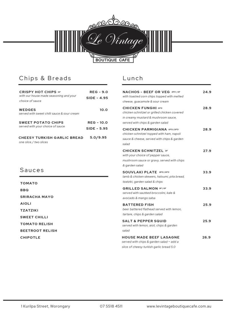 Menu, Le Vintage Boutique Cafe