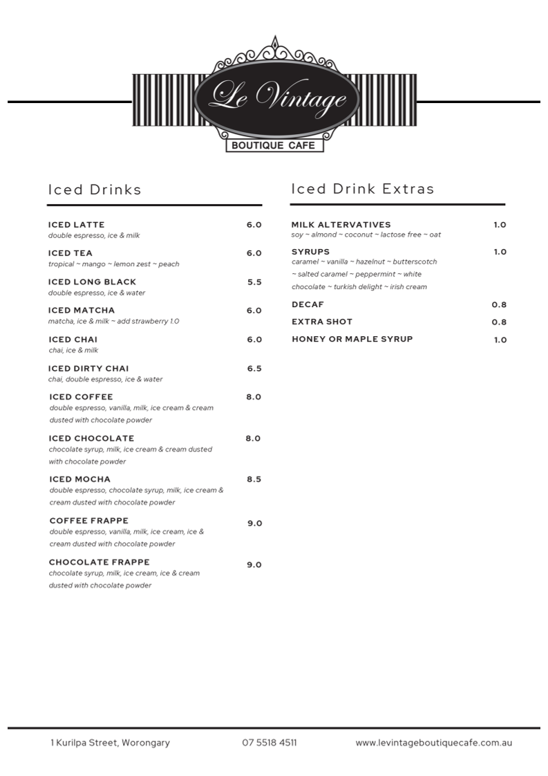 Menu, Le Vintage Boutique Cafe