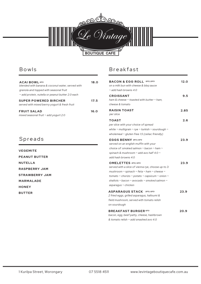 Menu, Le Vintage Boutique Cafe