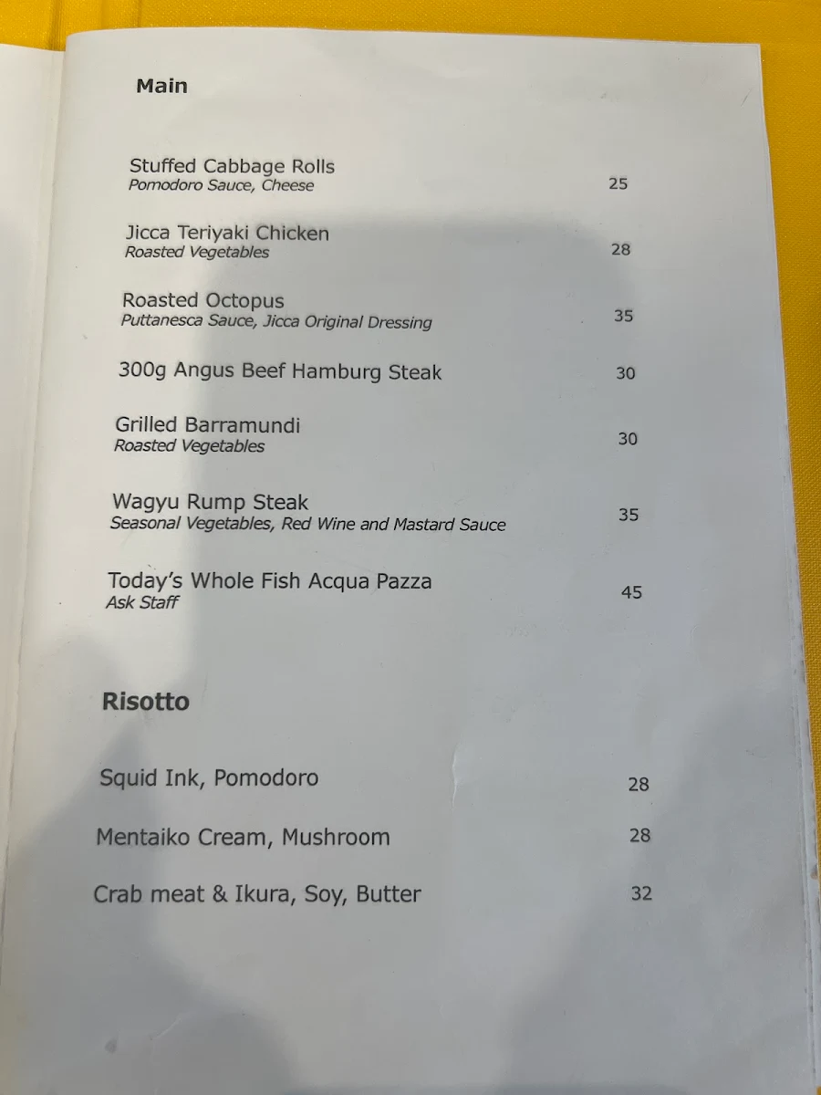 Menu, Jicca Dining