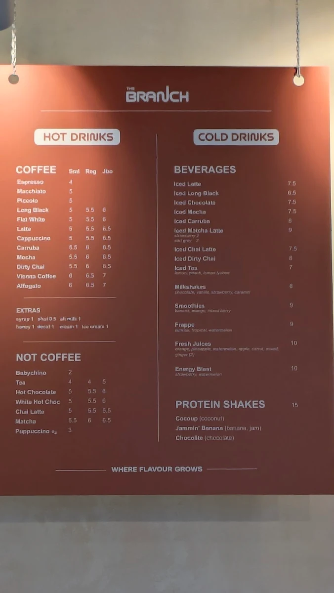 Menu, The Branch espresso