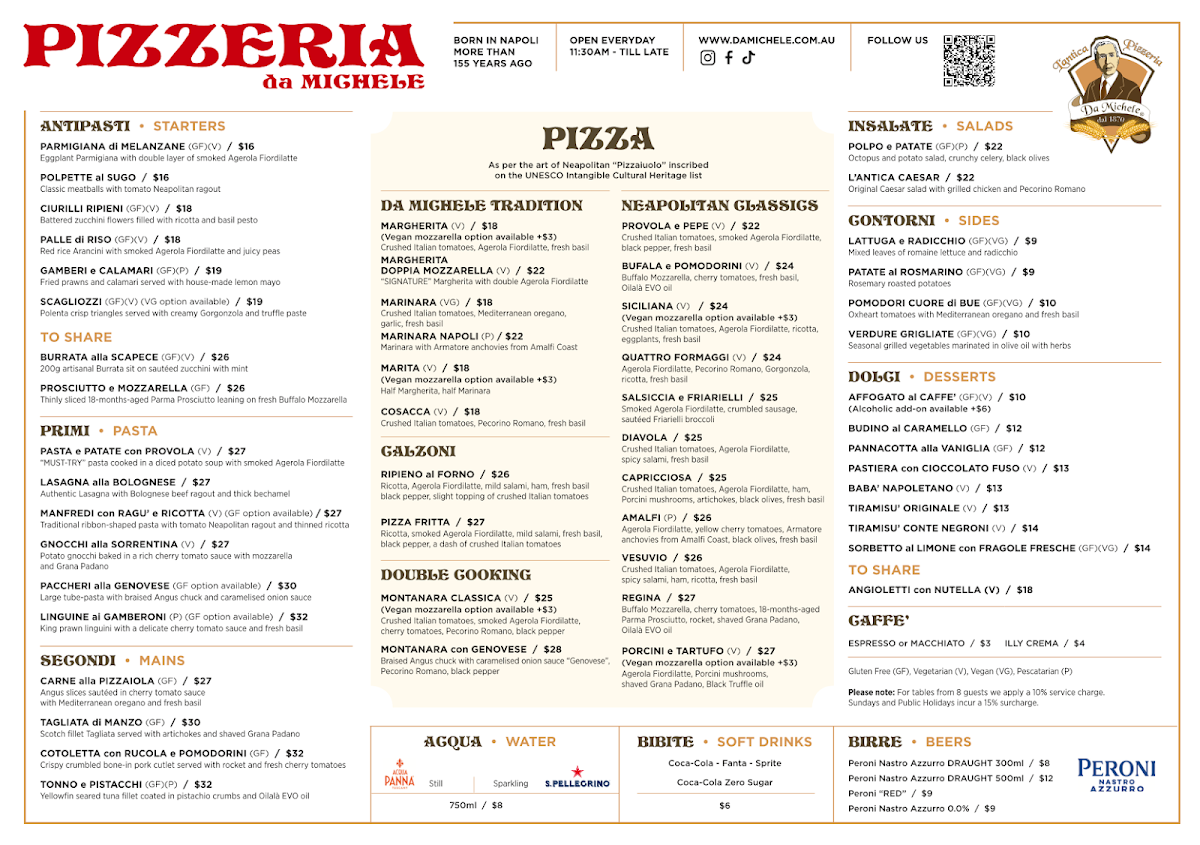 Menu, Da Michele Sydney