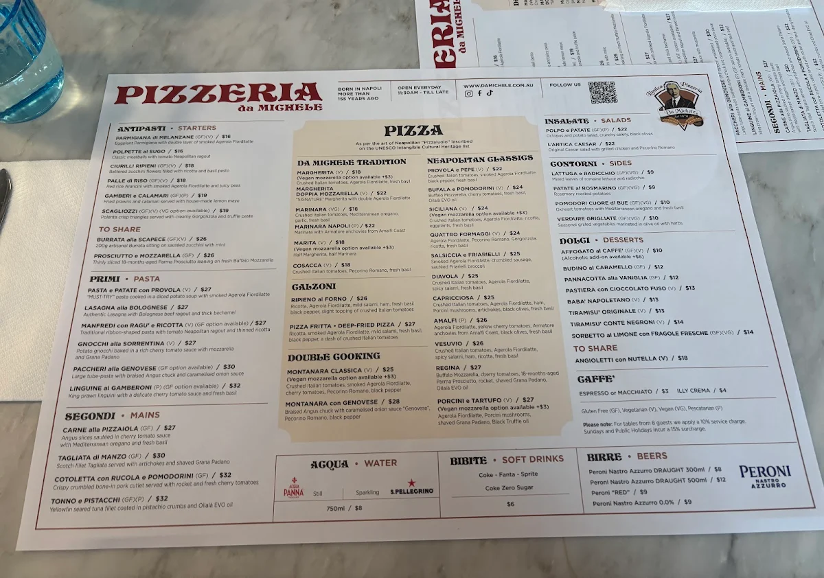 Menu, Da Michele Sydney