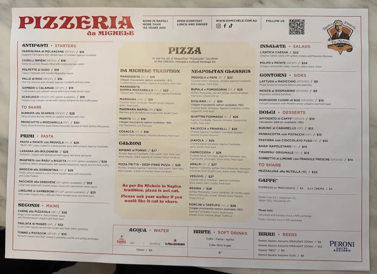Menu, Da Michele Sydney