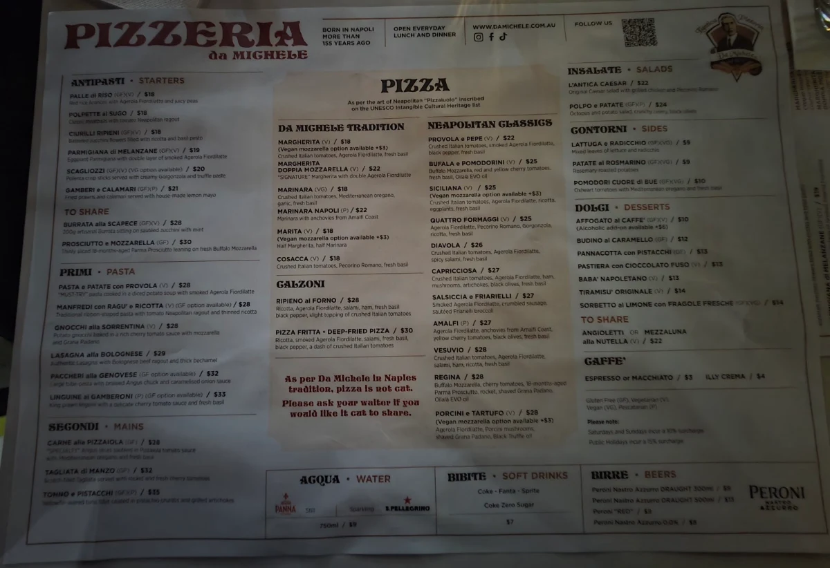 Menu, Da Michele Sydney