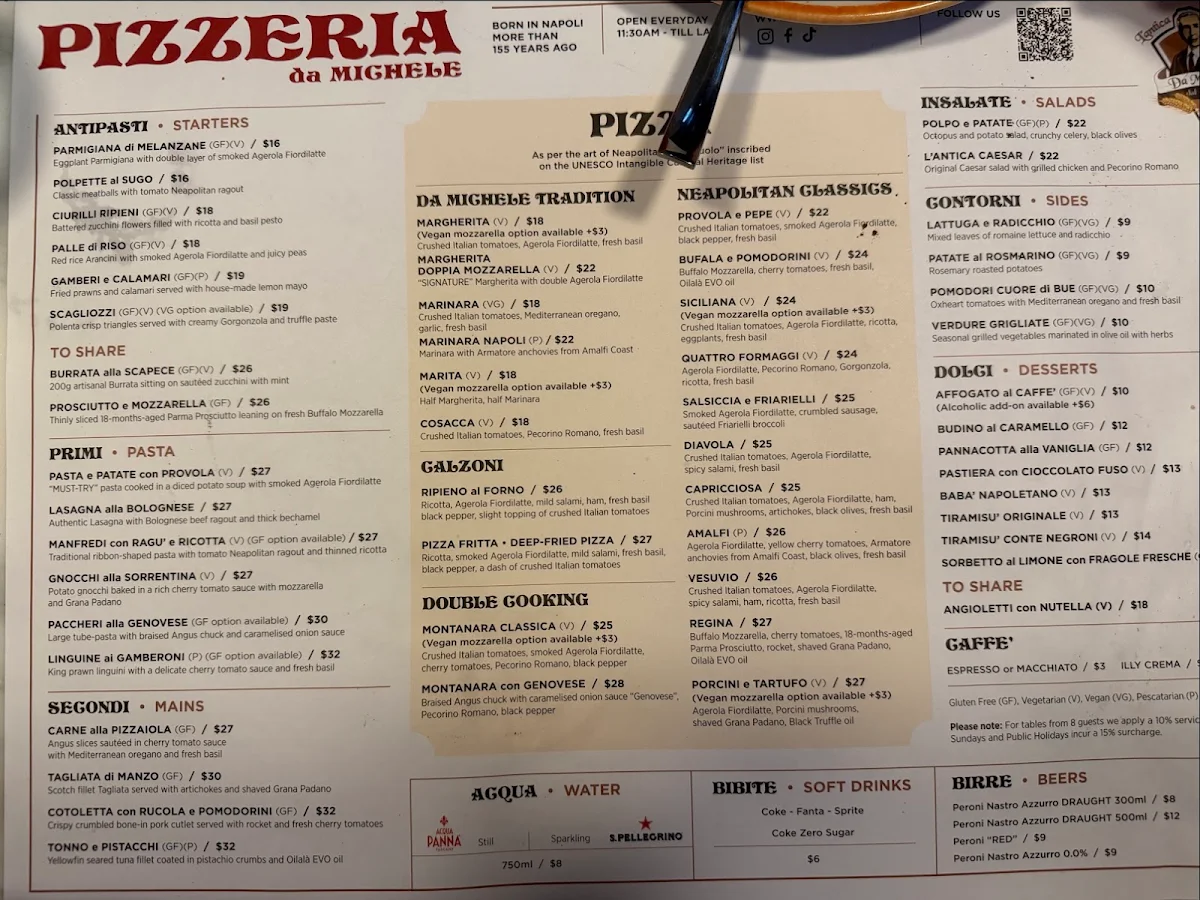 Menu, Da Michele Sydney
