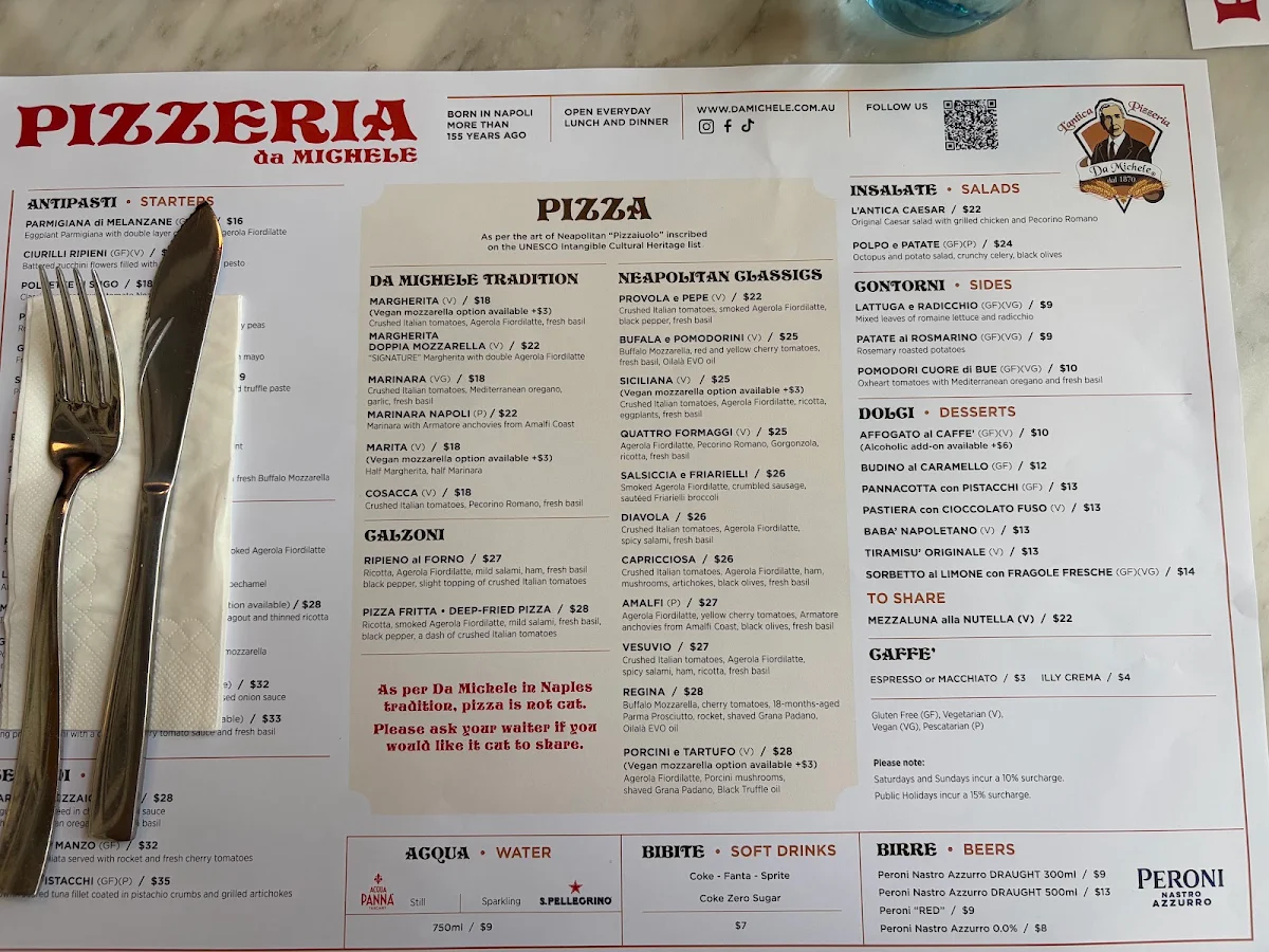 Menu, Da Michele Sydney