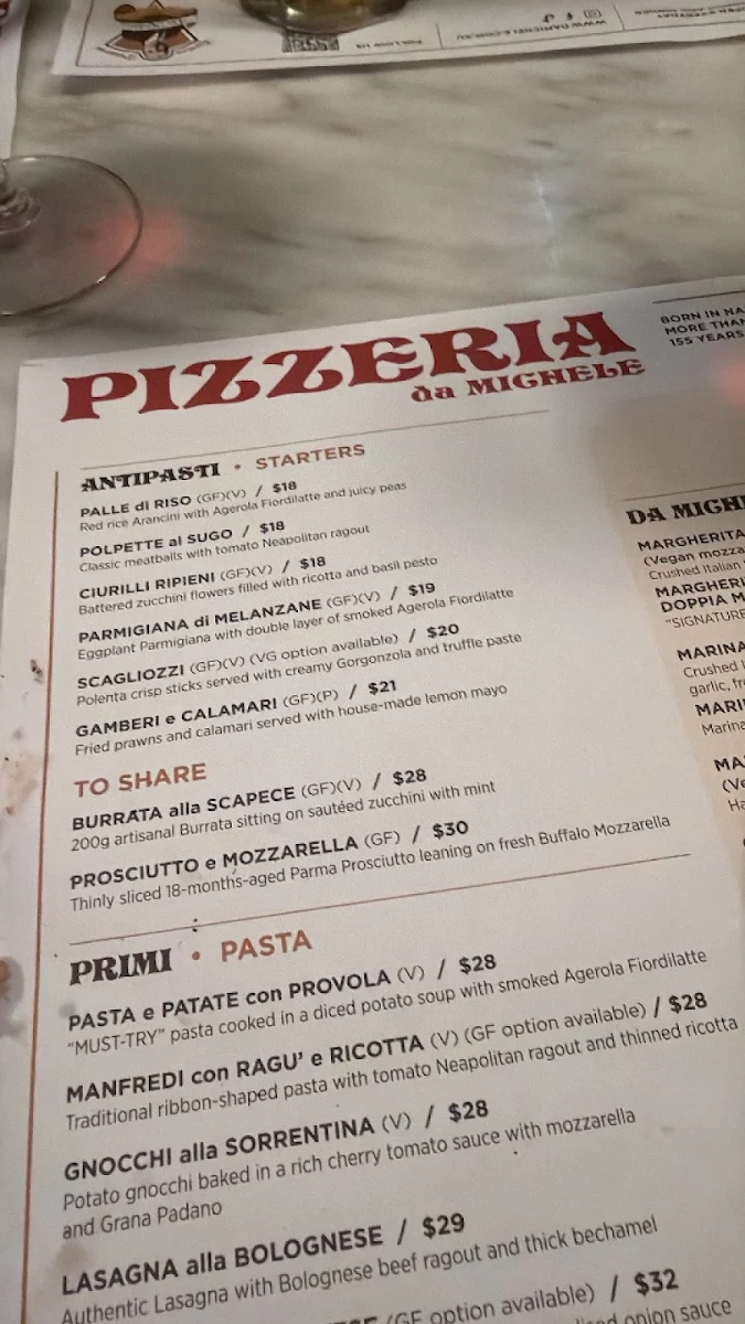 Menu, Da Michele Sydney