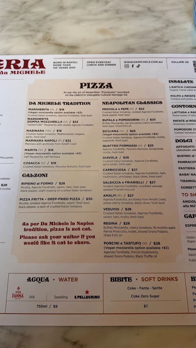 Menu, Da Michele Sydney