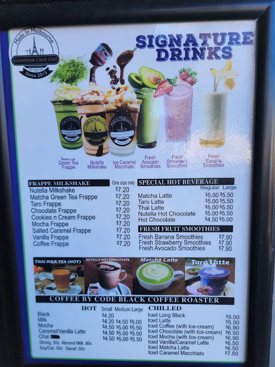 Menu, Glenferrie Crêpe Cafe
