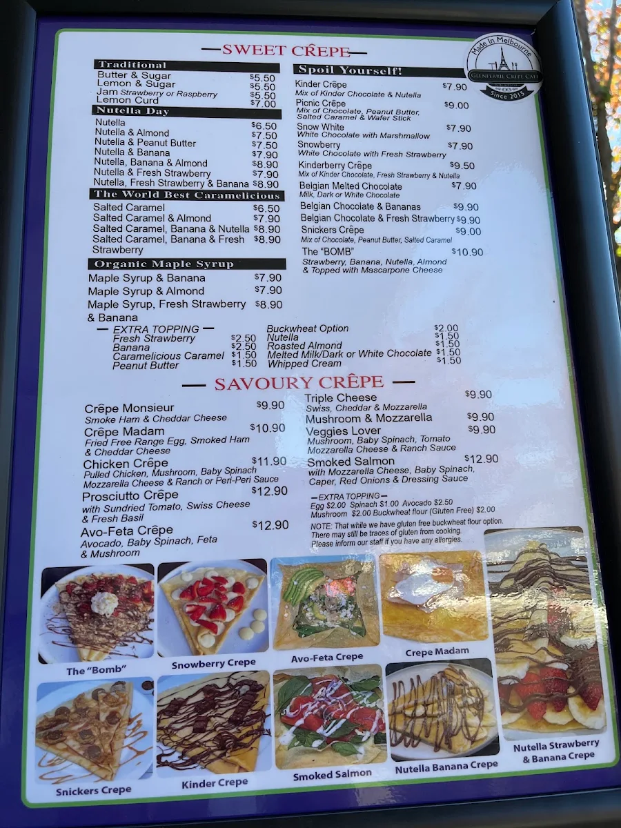 Menu, Glenferrie Crêpe Cafe