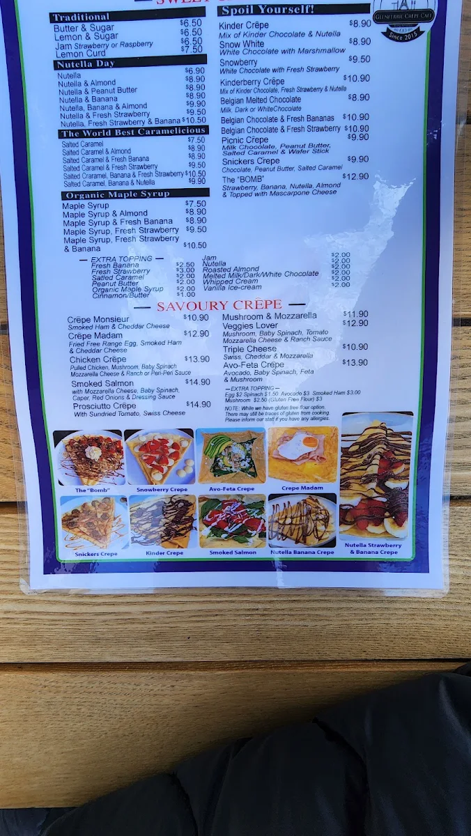 Menu, Glenferrie Crêpe Cafe