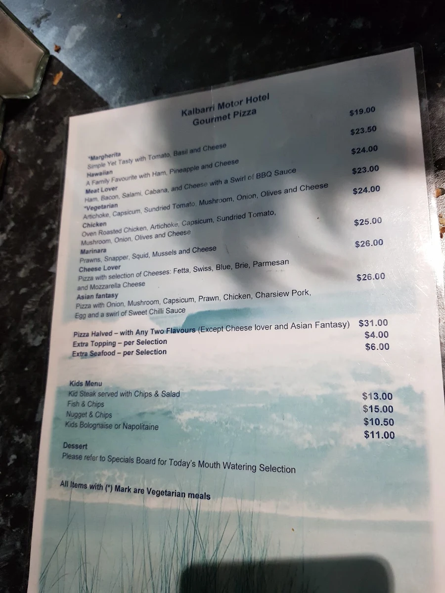 Menu, Kalbarri Motor Hotel