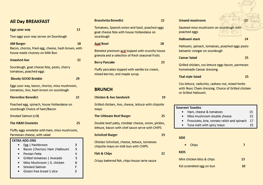 Menu, Village Vibes Greenwich cafe