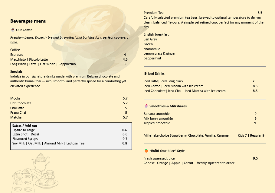 Menu, Village Vibes Greenwich cafe