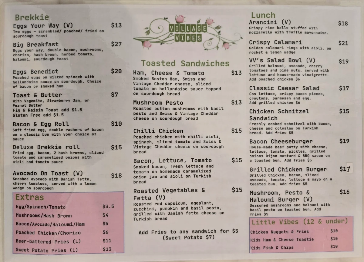 Menu, Village Vibes Greenwich cafe