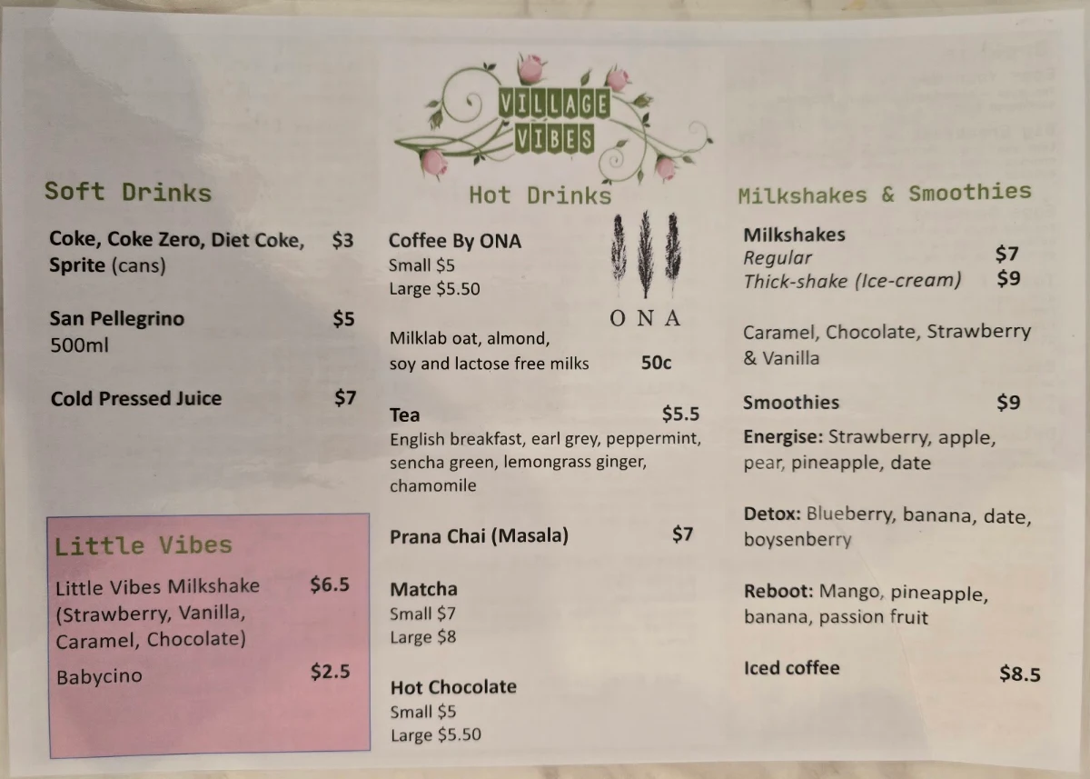 Menu, Village Vibes Greenwich cafe