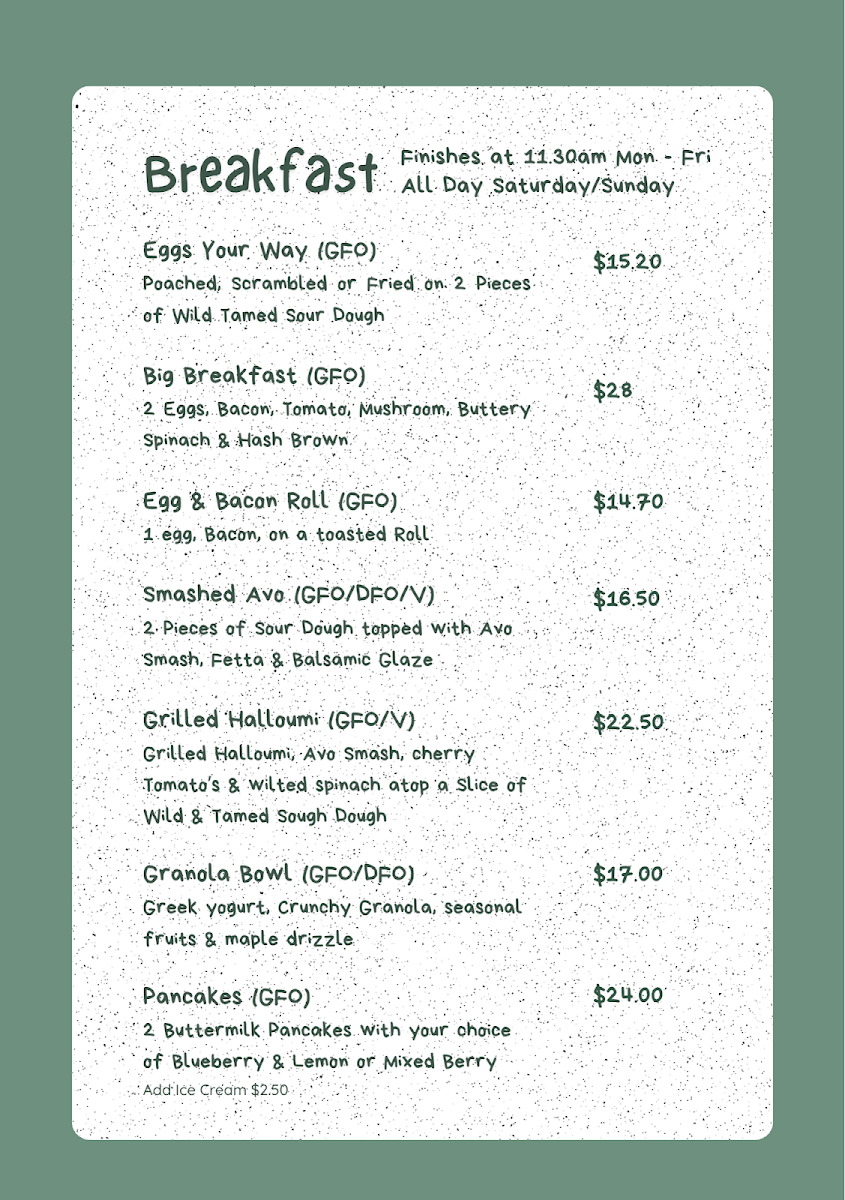 Menu, PEGGYS CAFE