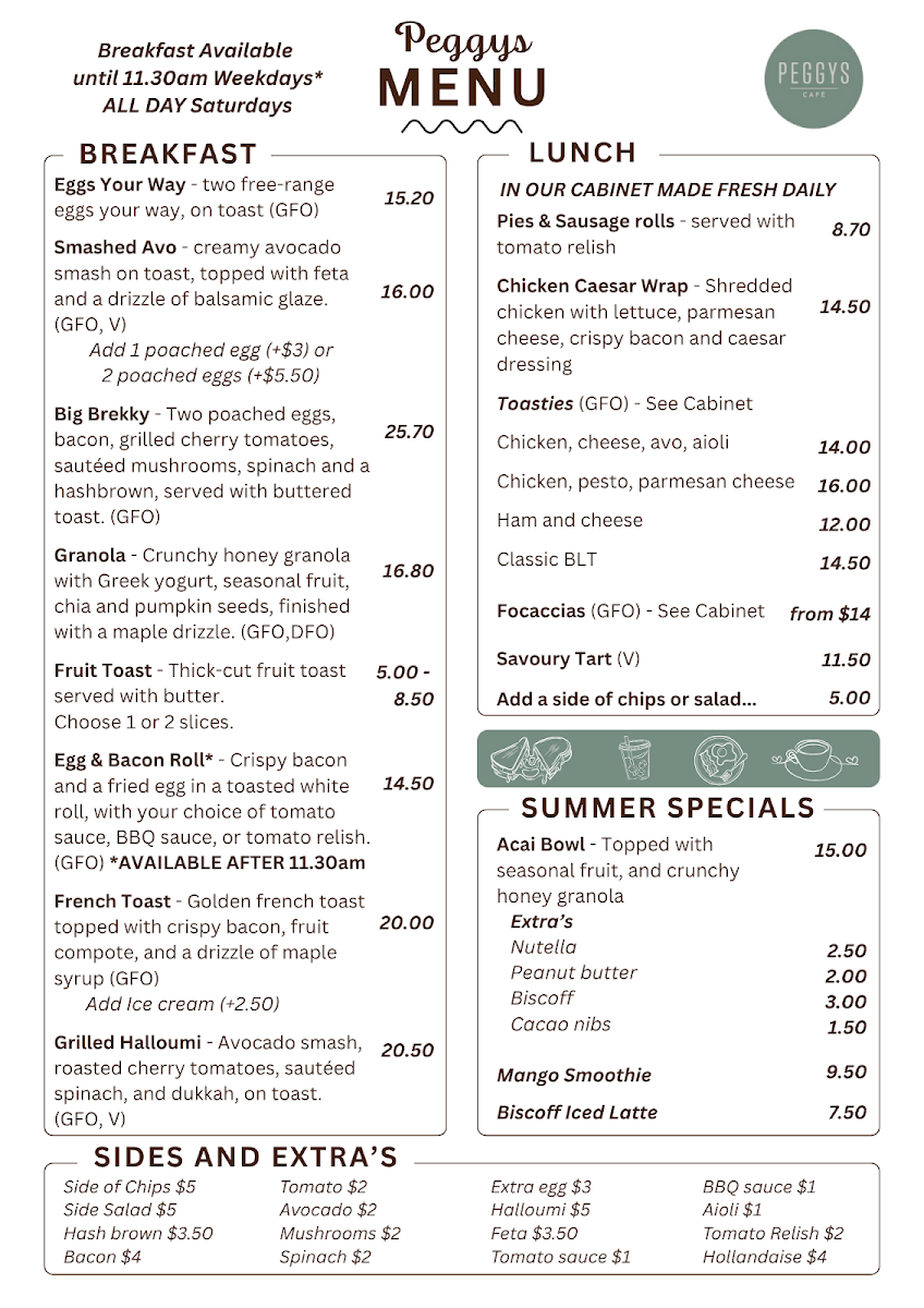 Menu, PEGGYS CAFE