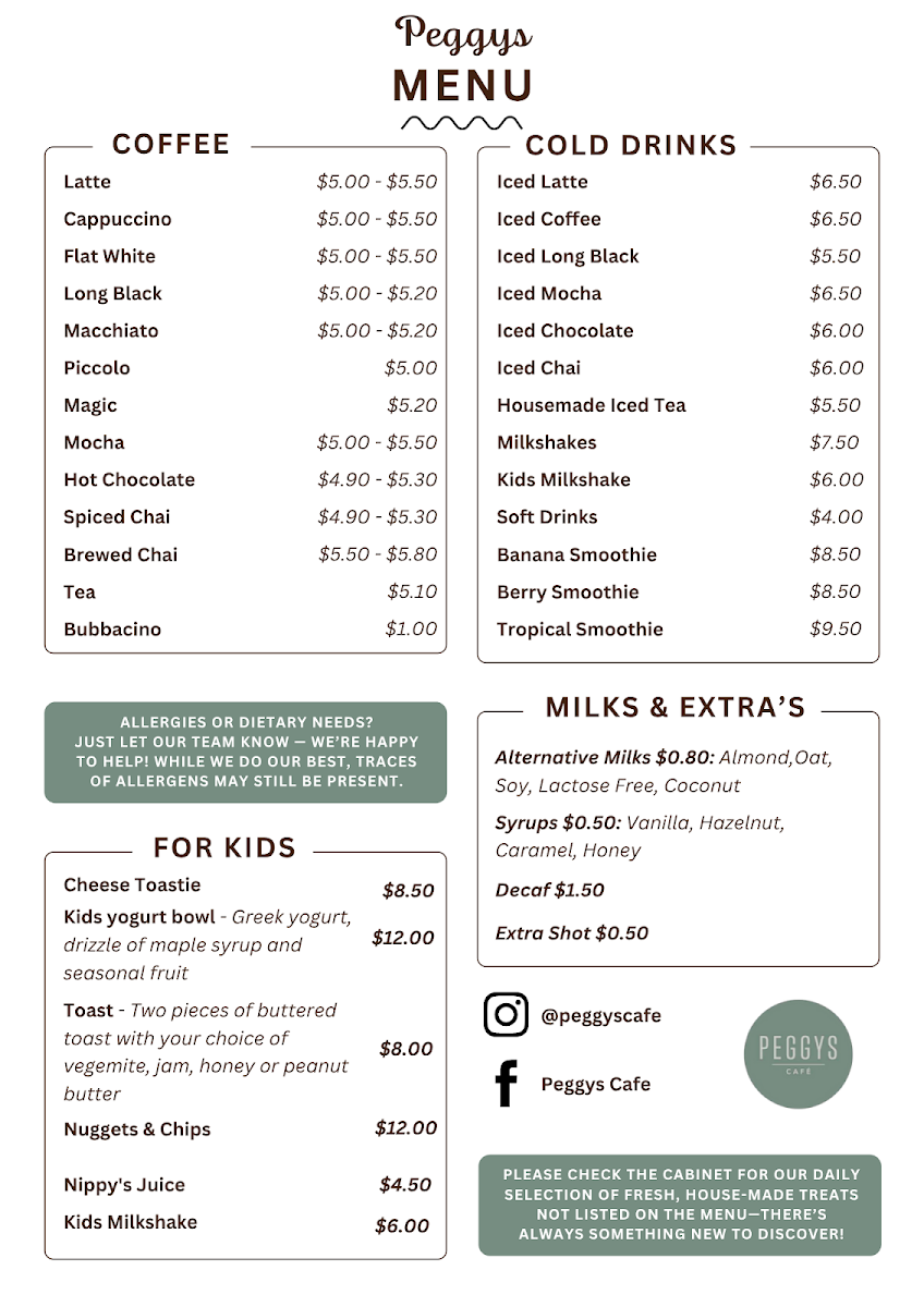 Menu, PEGGYS CAFE