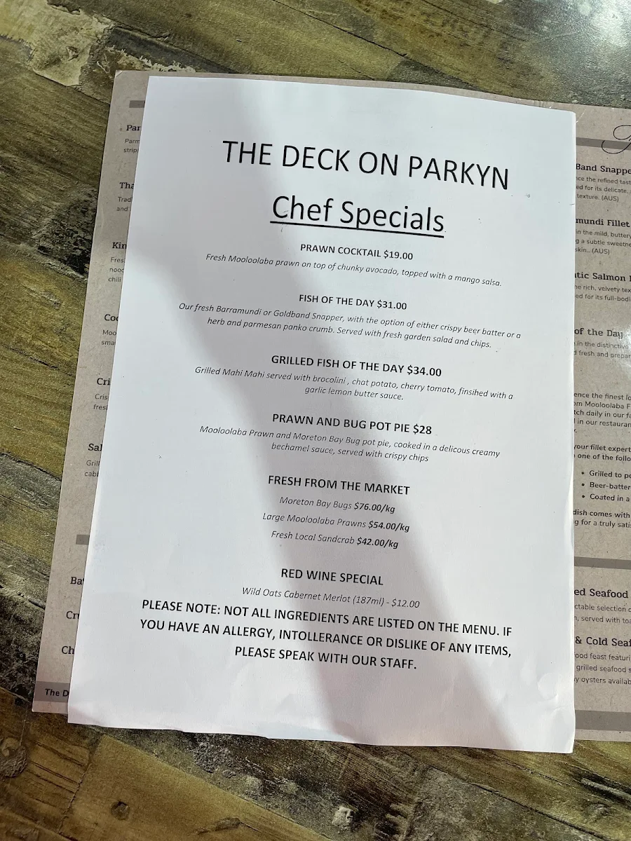 Menu, The Deck on Parkyn
