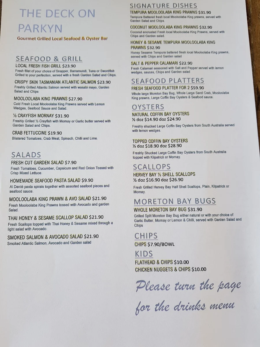 Menu, The Deck on Parkyn